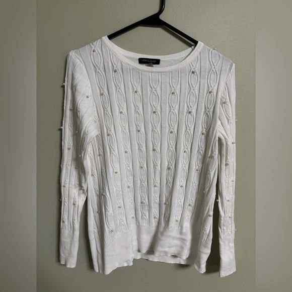 Cable & Gauge White Cable Knit Sweater Pearl Embellishment Size Medium - Picture 1 of 7